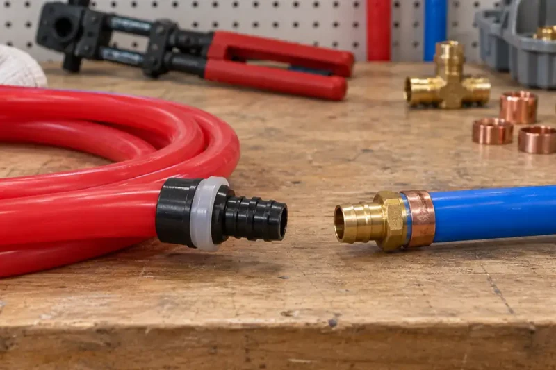 PEX A and PEX B compared side by side with their plumbing connections visible.