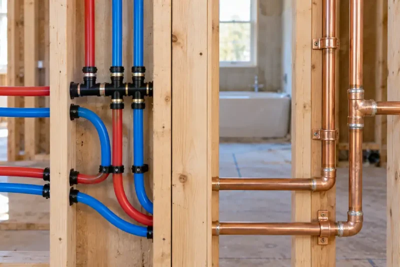 PEX and Copper compared side by side with their plumbing connections visible.