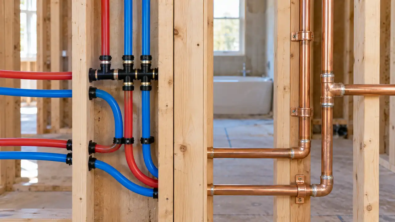 PEX and Copper compared side by side with their plumbing connections visible.