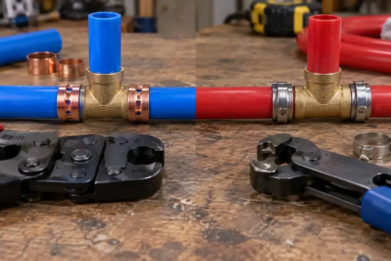 PEX Crimp and Clamp compared side by side with their plumbing connections visible.