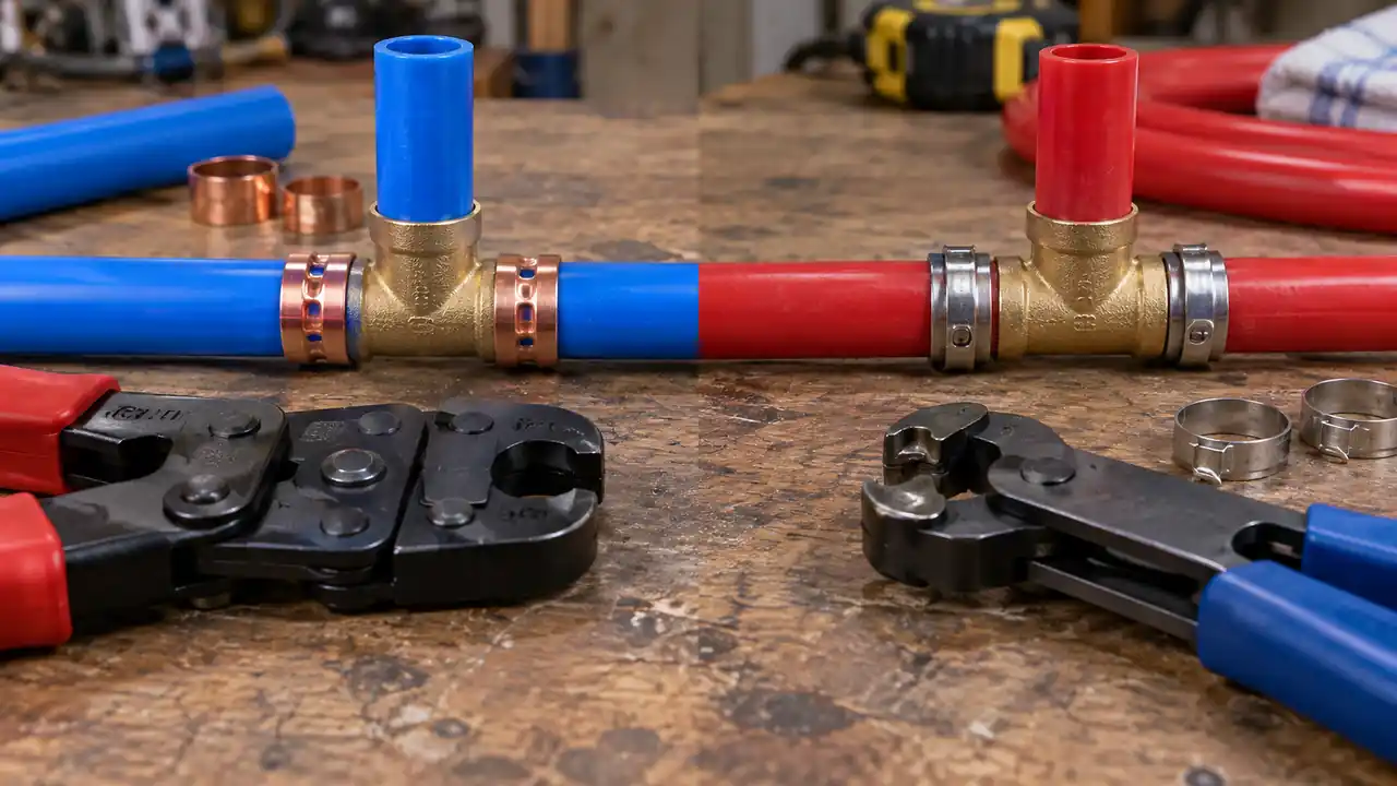 PEX Crimp and Clamp compared side by side with their plumbing connections visible.
