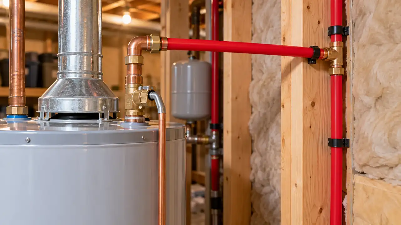 Can You Use PEX for Hot Water illustrated in a realistic home plumbing scene.
