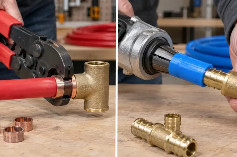 PEX Crimp and Expansion compared side by side with their plumbing connections visible.