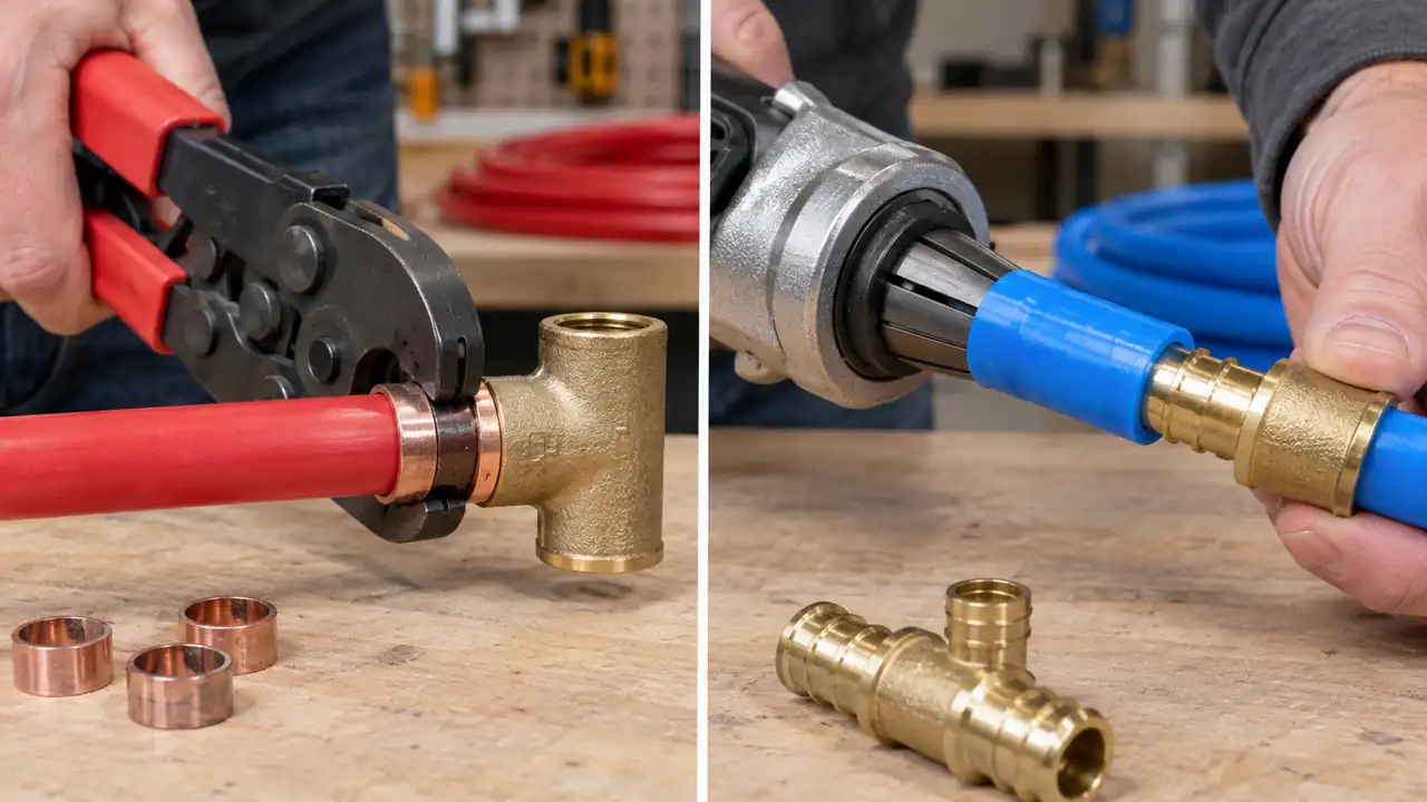 PEX Crimp and Expansion compared side by side with their plumbing connections visible.