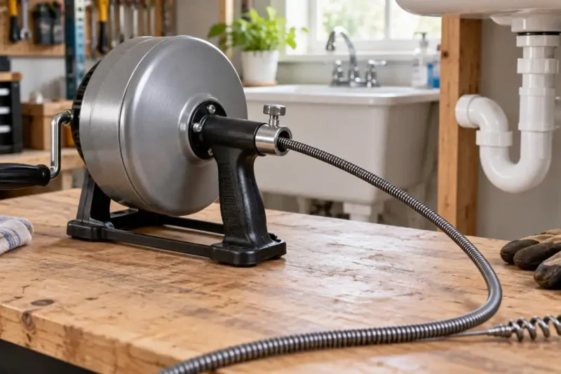 Manual drum drain snake with a flexible steel cable beside a residential sink drain.
