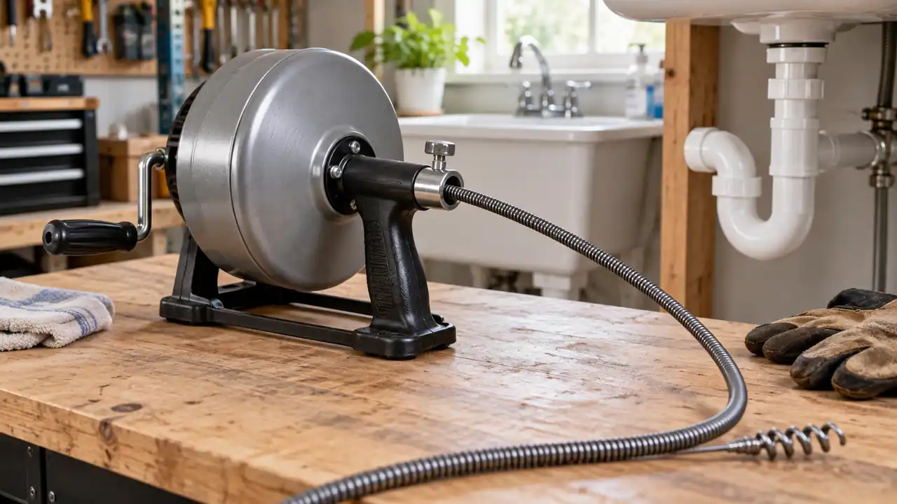 Manual drum drain snake with a flexible steel cable beside a residential sink drain.