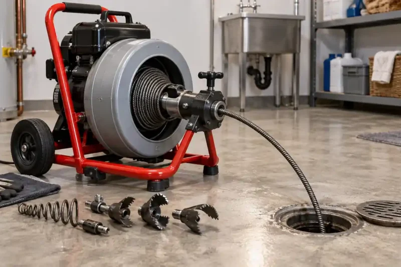 Sectional drain auger with interchangeable cutter heads beside a basement floor drain.