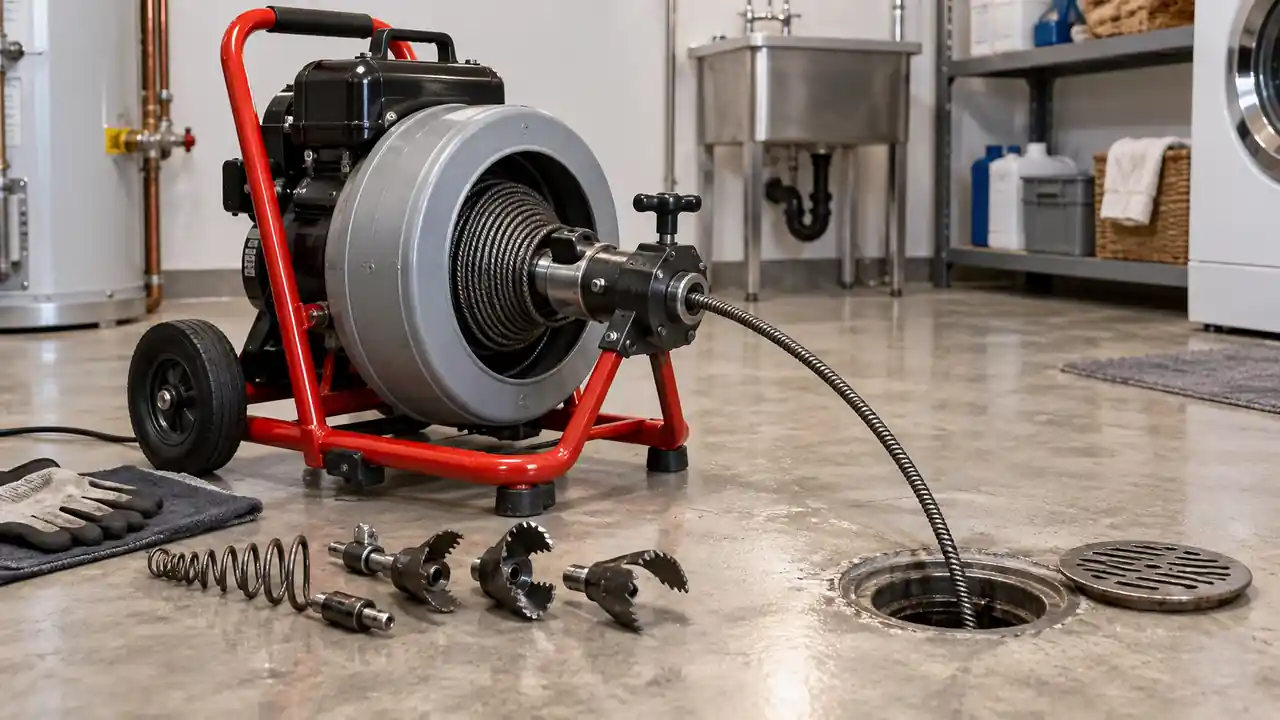 Sectional drain auger with interchangeable cutter heads beside a basement floor drain.