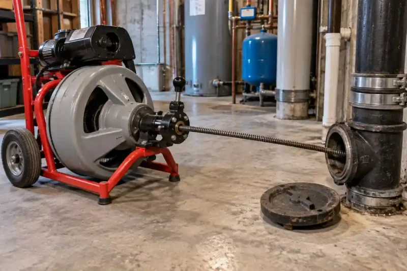 Heavy-duty drain snake cable entering a large main sewer cleanout in a basement.
