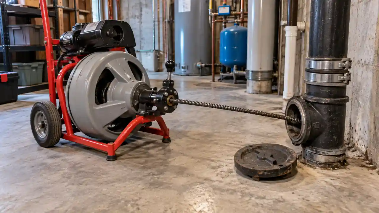 Heavy-duty drain snake cable entering a large main sewer cleanout in a basement.