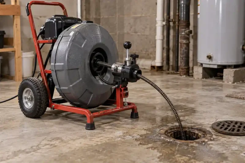 Portable electric drain cleaning machine with its cable feeding into a floor drain.