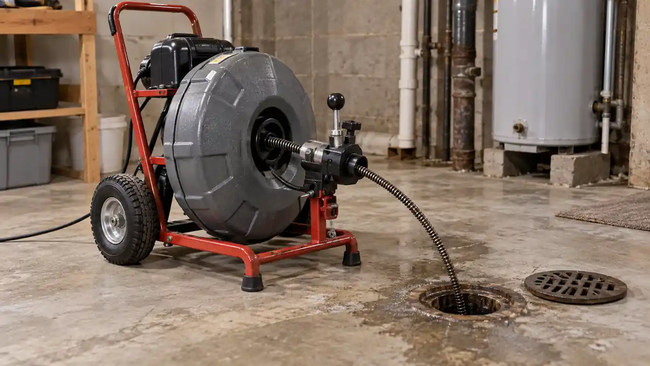 Portable electric drain cleaning machine with its cable feeding into a floor drain.