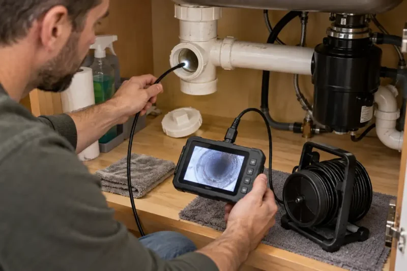 Drain Cameras shown in a residential plumbing installation.