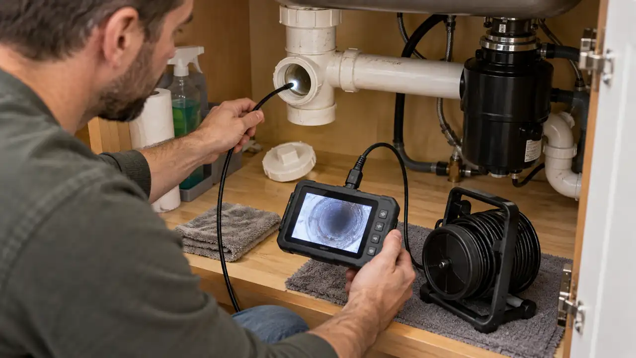 Drain Cameras shown in a residential plumbing installation.
