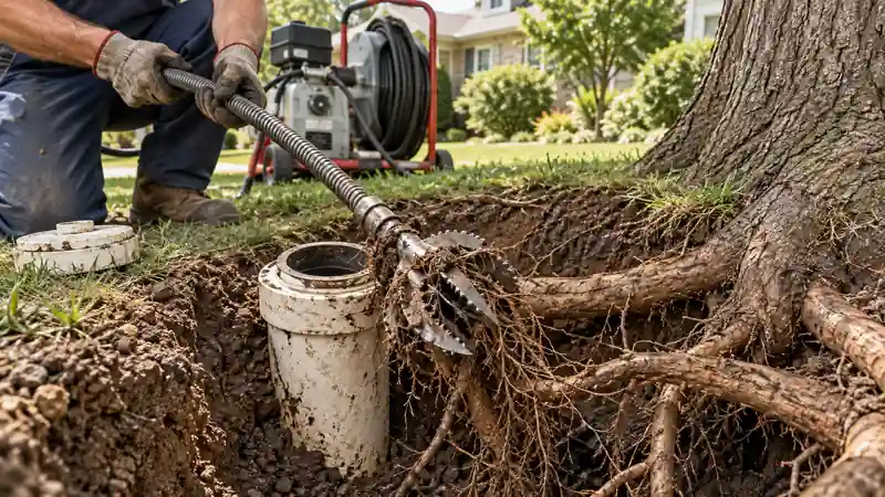Drain Snakes for Tree Roots shown in a residential plumbing setting.